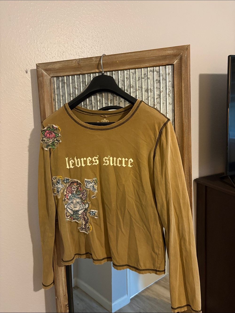 Lip Service Olive Green Tee with White Crest and Blue Embroidery